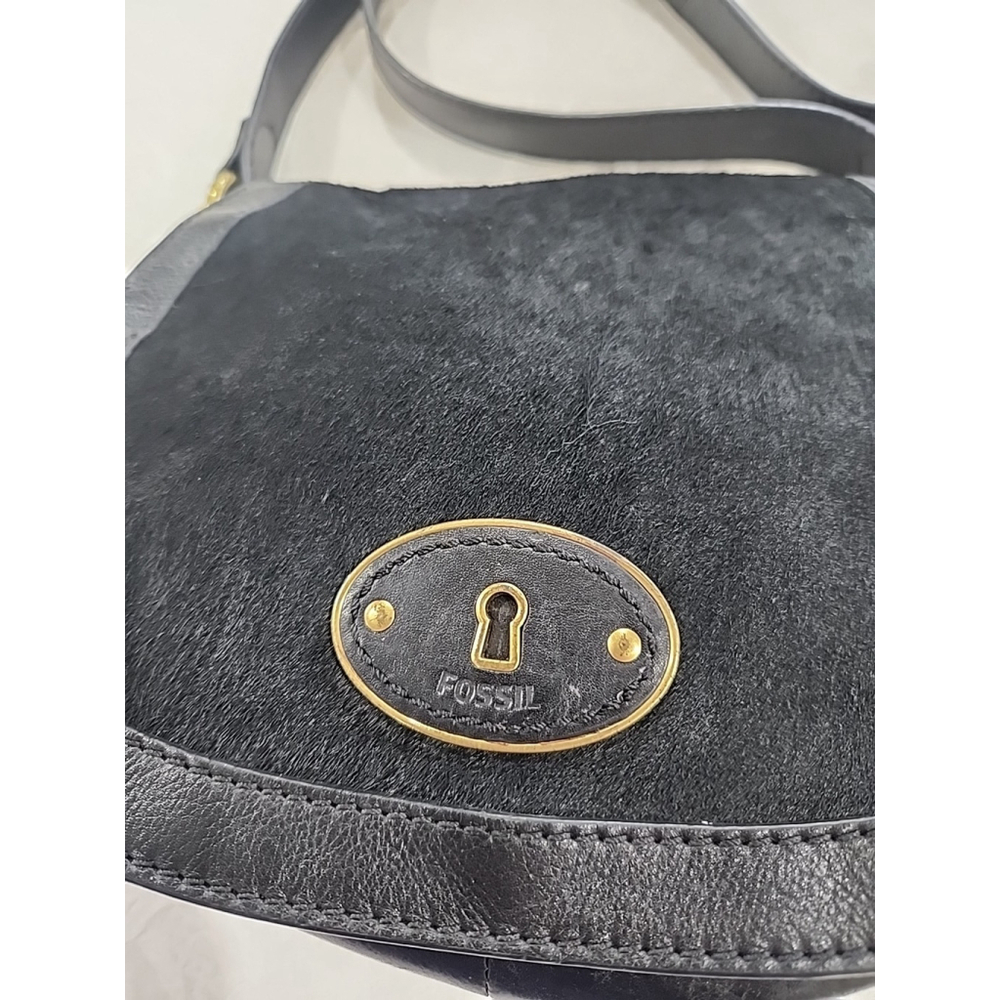 Fossil Black Calf Hair Leather Crossbody Saddle Bag - Picture 2 of 13